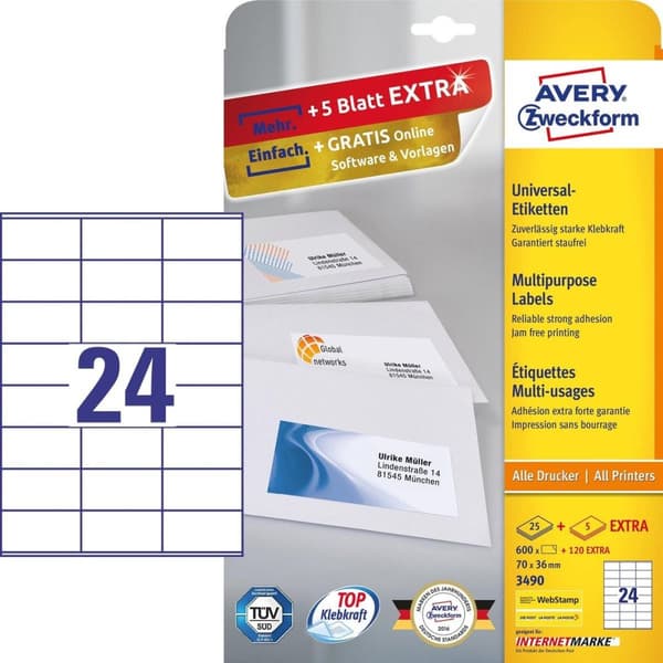 Avery Universal Labels, valkoinen, 70,0 x 36,0 mm, pysyvä liima