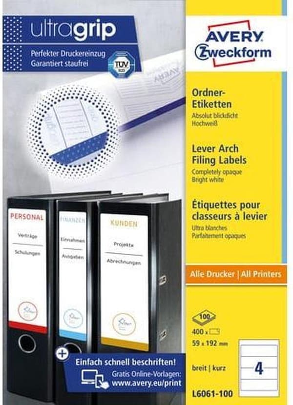 Avery File baglabels, hvid, 192,0 x 59,0 mm, permanent klæbende
