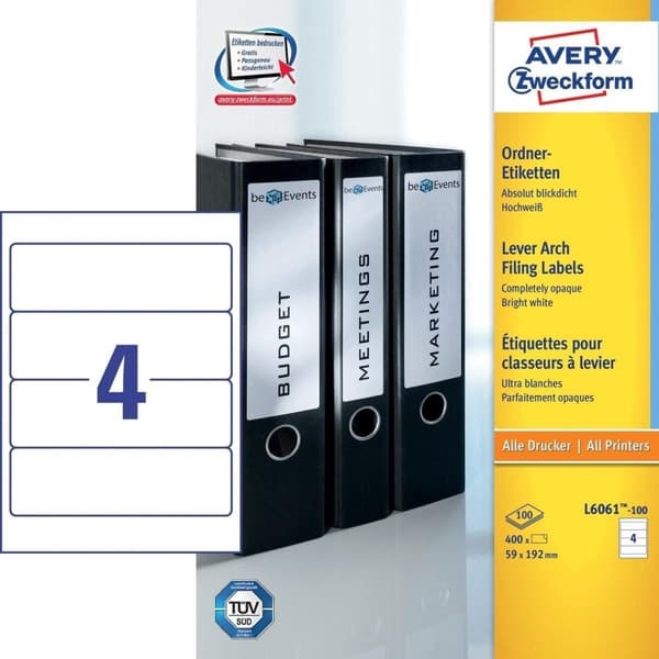 Avery File baglabels, hvid, 192,0 x 59,0 mm, permanent klæbende