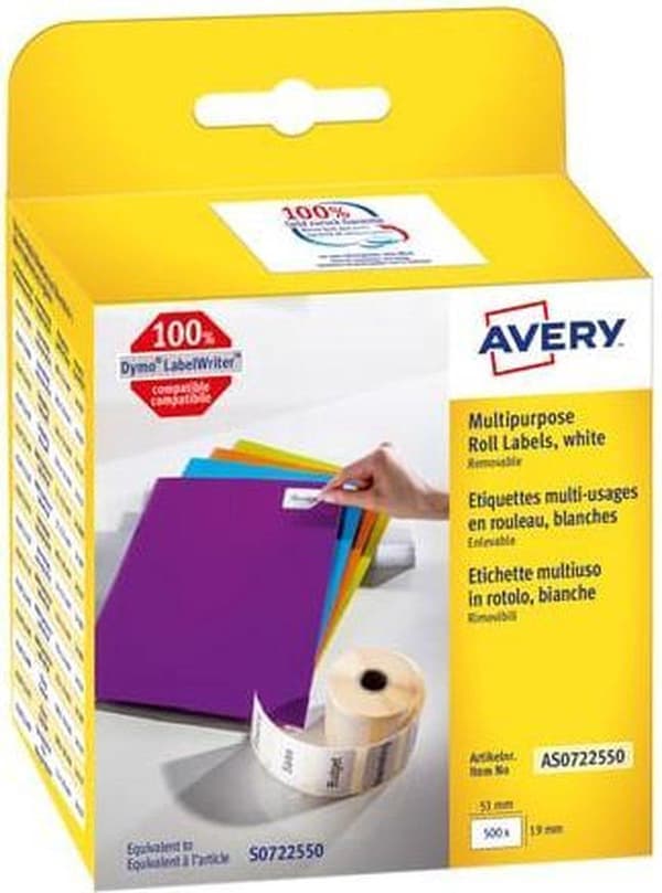 Etikett Avery universal - avtagbar 500x roll up 19x51mm