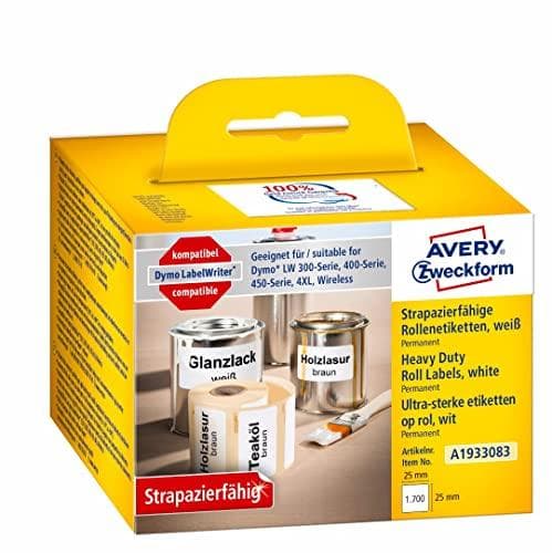 AVERY Zweckform A1933083 säänkestävät kalvotarrat (1 700 vedenpitävää tarraa, 25x25 mm, Dymo LabelWriter -yhteensopiva, kestävä, kirjoitettava, pysyvä