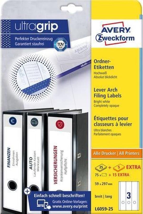 Avery skrivaretiketter Kantpärmetiketter, vit 59 x 297 mm (25)