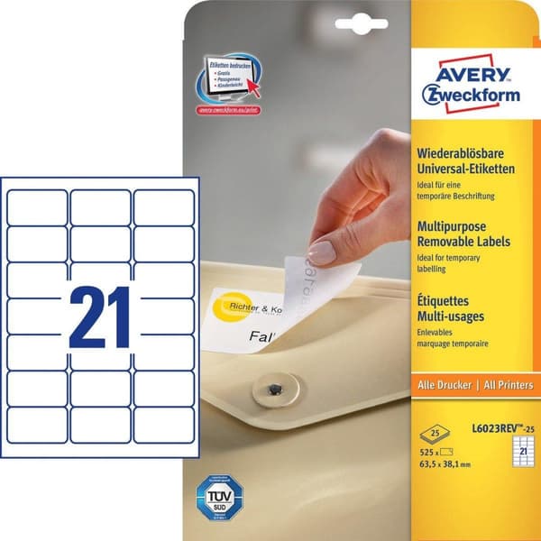 Avery avtagbara etiketter, vit, 63,5 x 38,1 mm, avtagbar