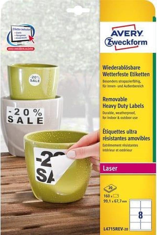 Avery irrotettavat säänkestävät tarrat, koko 991 x 677 mm (lxk) valkoinen laatikko, jossa 160 tarraa