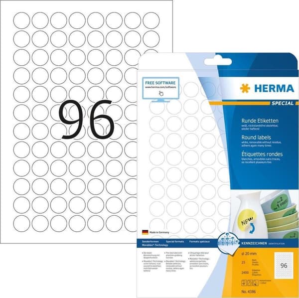 HERMA 4386 Etiketter hvid Løsbare/bredde. Ø 20 A4 2400 stk.