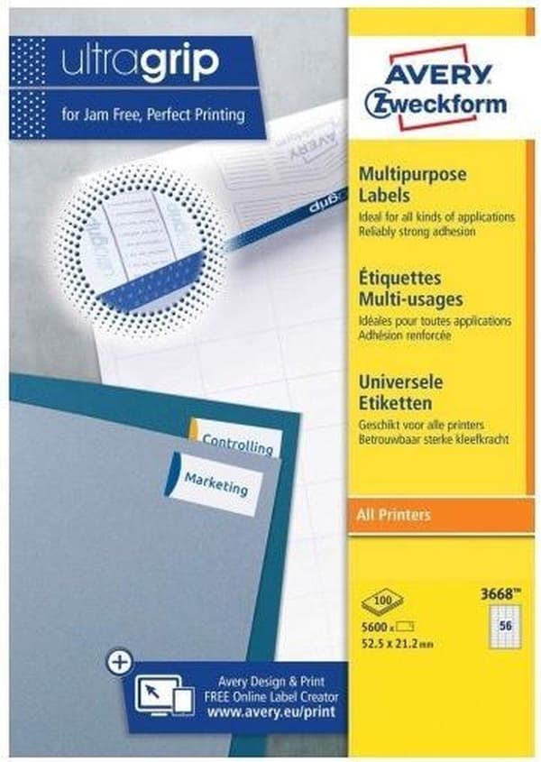 Avery Universal Labels, valkoinen, 52,5 x 21,2 mm, pysyvä liima