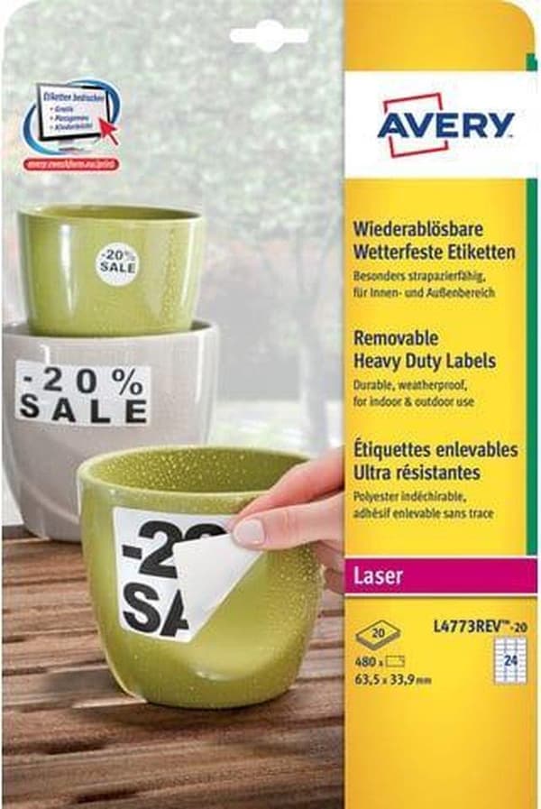 Avery aftagelige vejrbestandige etiketter størrelse 635 x 339 mm (bxh) hvid æske med 480 etiketter