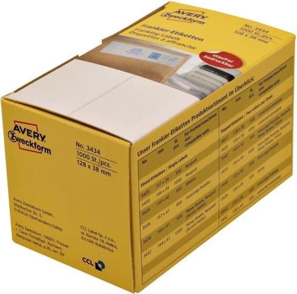 Privat märke Avery 3434 Frankeringsetikett 128x38mm Vit