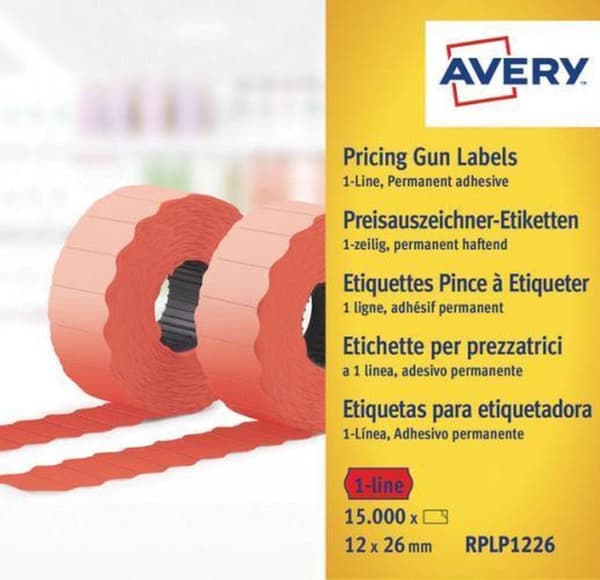 Hintapihdit etiketit Avery pysyvä 26x12mm punainen 10 rullaa laatikossa