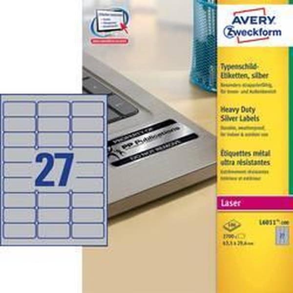 Avery-Zweckform L6011-100 L6011-100 ( 63,5 X 29,6 mm ) Silver 2700 stycken Permanent