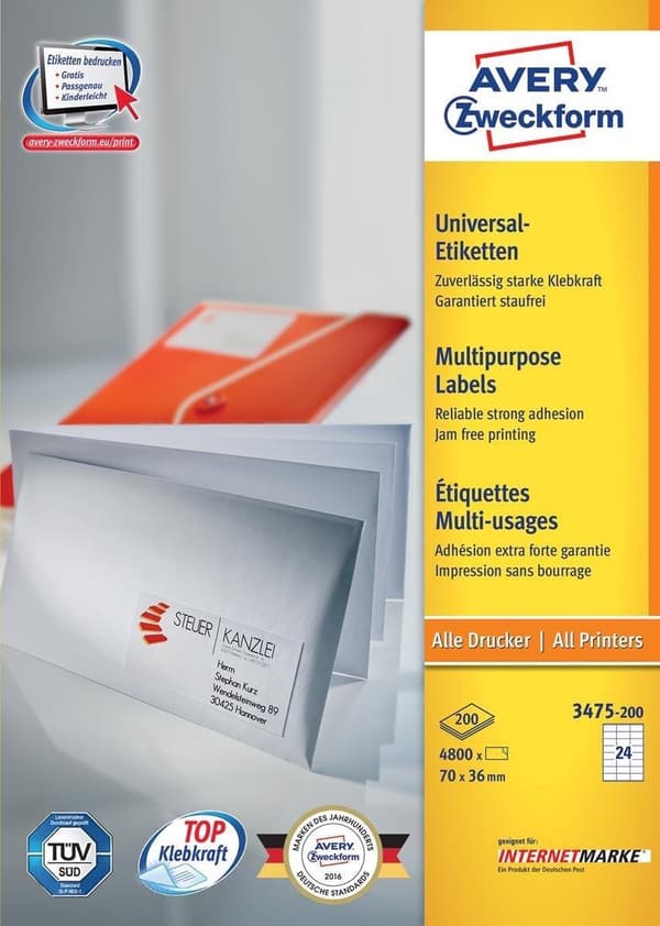 Avery vita etiketter QuickPeel format 70 x 36 mm (bxh) 4 800 stycken 24 per ark låda med 200 ark