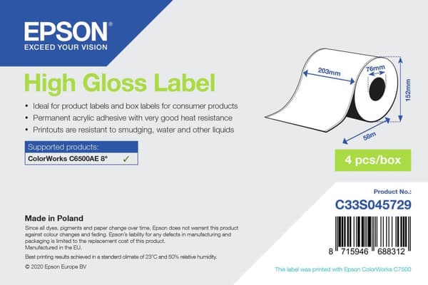 Epson - Högglans - permanent akryllim - Rulla (20,3 cm x 58 m) 4 rull(ar) kontinuerliga etiketter - för ColorWorks CW-C6000Ae, CW-C6000Pe, CW-C6500Ae,
