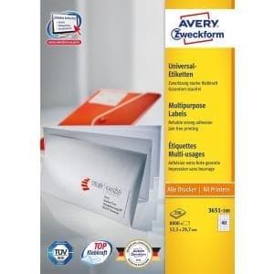 Avery Zweckform Universal - Permanenta, självhäftande pappersetiketter - vita - 52,5 x 29,7 mm - 8000 etikett(er) (200 ark x 40) (3651-200)