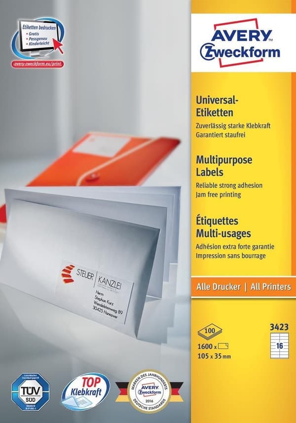 Avery vita etiketter QuickPeel format 105 x 35 mm (bxh) 1 600 stycken 16 per ark låda med 100 ark