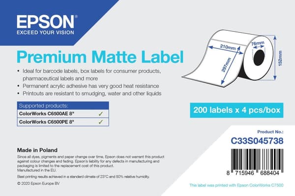 Epson Premium - Slät matt - permanent akryllim - ljus vit - A4 (210 x 297 mm) 800 etikett(er) (4 rull(ar) x 200) stansade etiketter - för ColorWorks C
