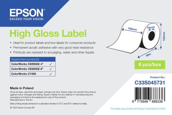 Epson - Högglans - permanent akryl - mikroporös - rulle (10,2 cm x 58 m) 8 rull(ar) kontinuerliga etiketter - för ColorWorks CW-C6000Ae, CW-C6500Ae, C