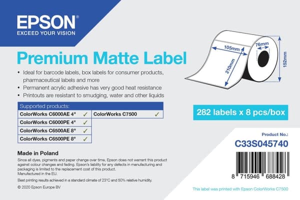 Epson Premium - Matt - permanent akryl - ljus vit - 105 x 210 mm 2256 etikett(er) (8 rull(ar) x 282) stansade etiketter - för ColorWorks CW-C6000Ae, C