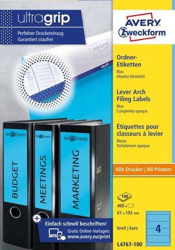 Avery File Back Labels Zweckform 192 X 61 Mm Blå 400 Stk
