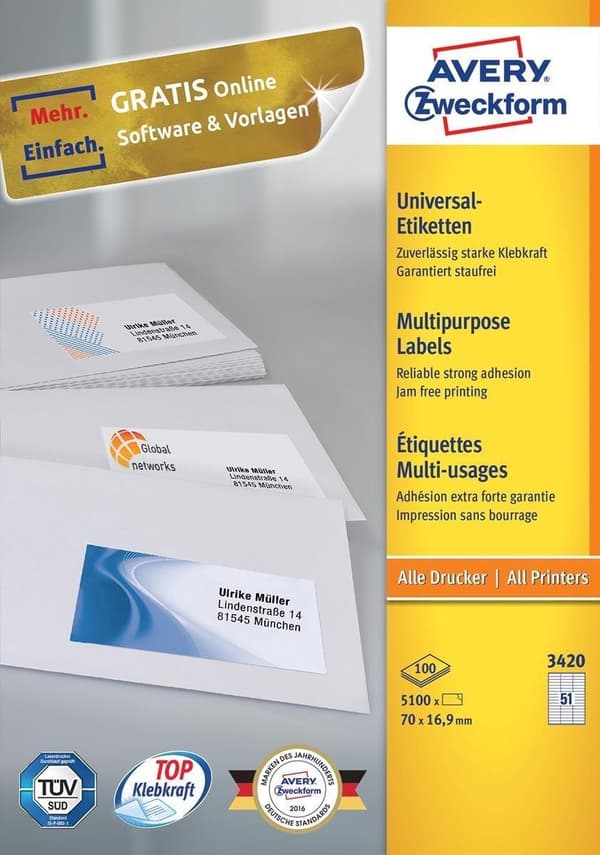 Yksityinen merkki Avery 3420 Universal Label 70x16.9mm