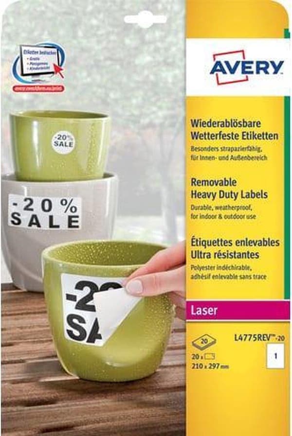 Avery irrotettavat säänkestävät tarrat, koko 210 x 297 mm (lxk) (lxk) valkoinen laatikko, jossa 20 tarraa
