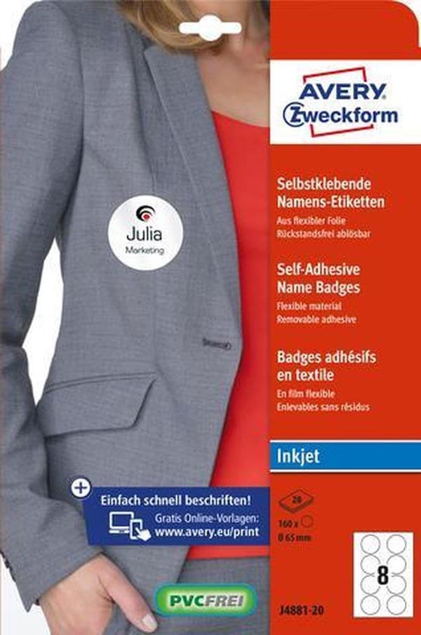 Navneskilt Self-Cl. Zweckform rund 65mm hvid aftagelig 160 etiketter 20 ark inkjet