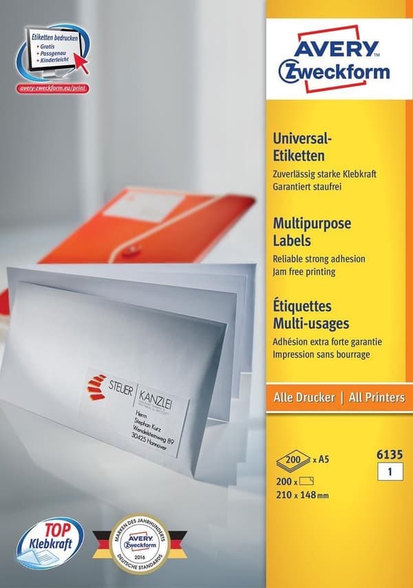 Avery universal etiketter format 210 x 148 mm (bxh) hvid kasse med 200 etiketter