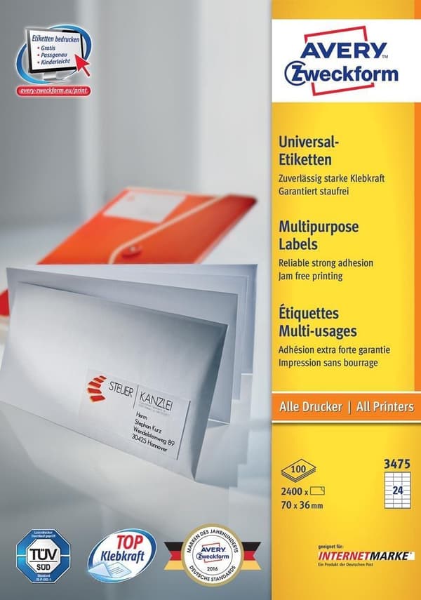 Avery vita etiketter QuickPeel format 70 x 36 mm (bxh) 2 400 stycken 24 per ark låda med 100 ark