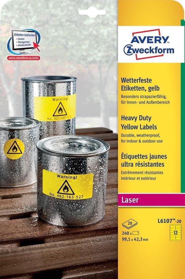 laseretikett Avery 99,1x42,3mm gul 20 ark 12 etiketter per ark