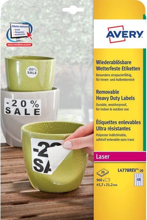 Avery aftagelige vejrbestandige etiketter format 457 x 212 mm (bxh) hvid æske med 960 etiketter