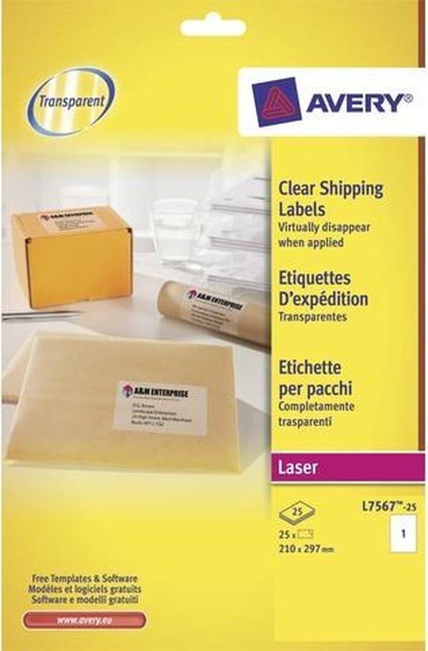 Etikett avery l7567-25 210 x 297 mm 25 st transp