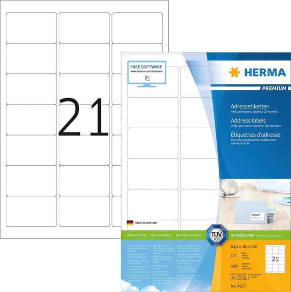 Herma Prem. adr.etik. 63,5x38,1 100 ark DIN A4 2100 st 4677