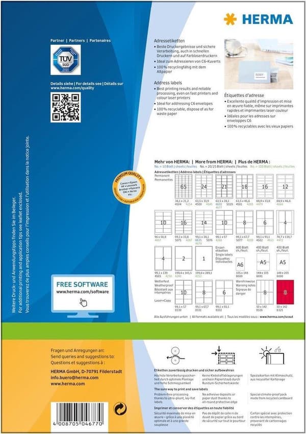 Herma Prem. adr.etik. 63,5x38,1 100 ark DIN A4 2100 st 4677