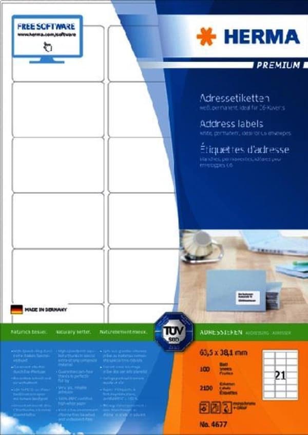 Herma Prem. adr.etik. 63,5x38,1 100 ark DIN A4 2100 st 4677