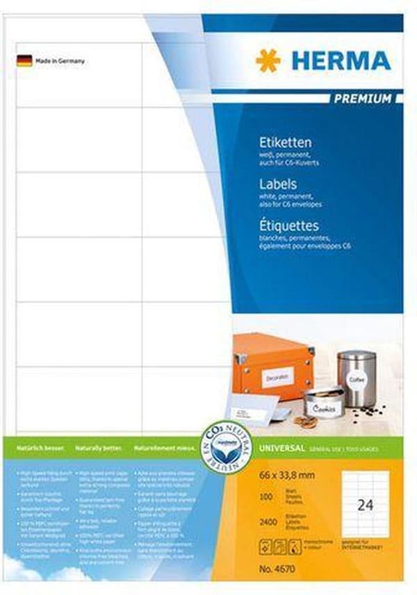 HERMA Etiketter vit 66x33,8mm SuperPrint 2400st.