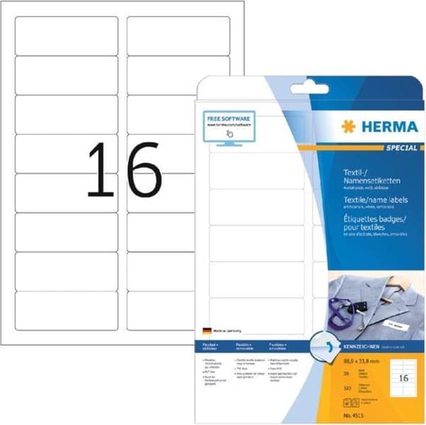 HERMA Tekstiili-/Nimitarrat A4 88,9x33,8mm valkoinen 320St.