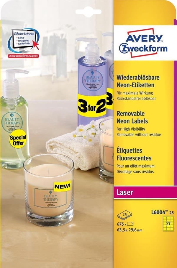 Avery Aftagelige neonetiketter størrelse 635 x 296 mm (bxh) æske med 20 ark 540 stykker gul