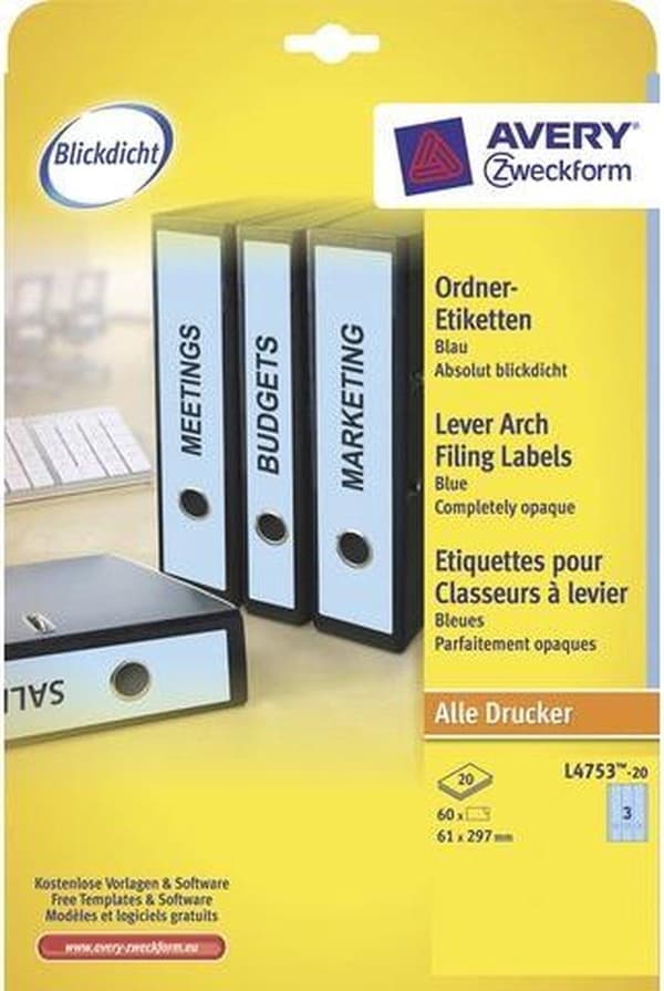 Avery File Takaisin Tarrat Zweckform 29,7 x 61 mm Sininen 60 kpl