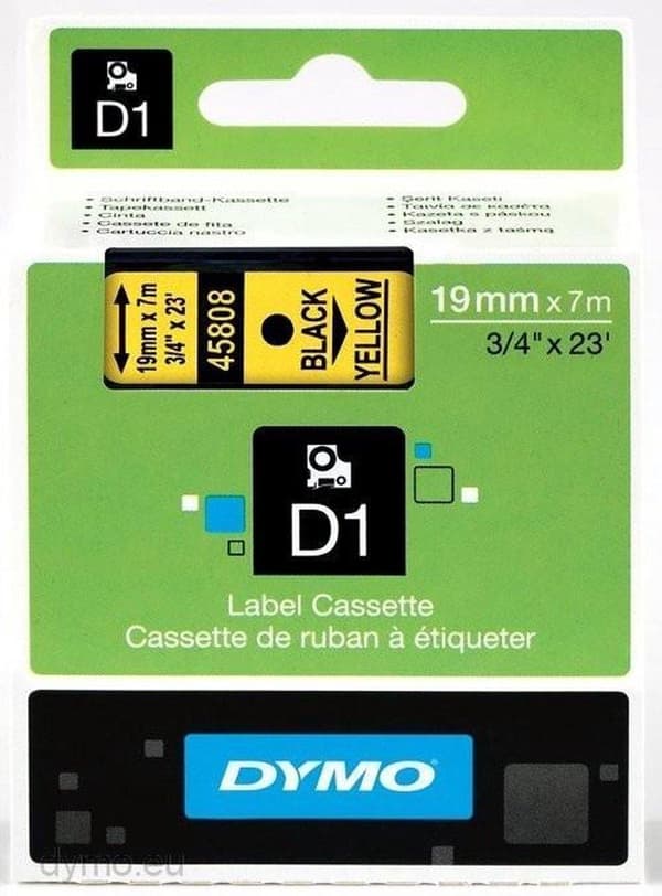 Dymo LabelWriter - D1 Labels Selbstklebend - 19 mm x 7 m - Schwarz auf Gelb - (S0720880)