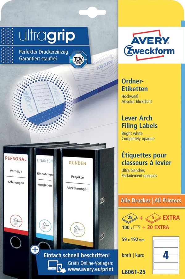 Avery File baketiketter, vit, 192,0 x 59,0 mm, permanent lim