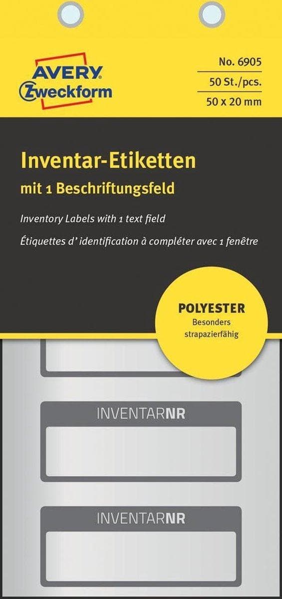 Avery inventaariotarrat, ft 50 x 20 mm, hopea polyesterifolio harmaalla kehyksellä, 50 kpl, 5 per arkki
