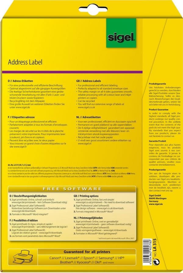 Sigel LA315 - Vit - Laser/Bläckstråle - Rundad rektangel - A4 - 4,57 cm - 2,12 cm (LA315)