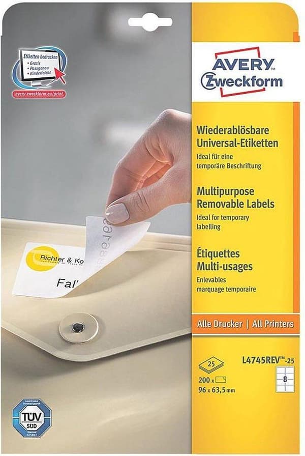 Avery avtagbara etiketter, vit, 96,0 x 63,5 mm, avtagbar