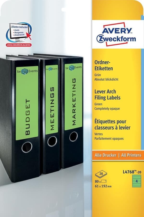 Avery File baglabels, grøn, 192,0 x 61,0 mm, permanent klæbende