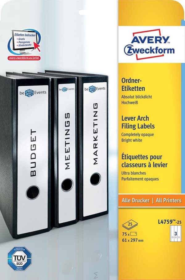 Avery File baketiketter, vit, 61,0 x 297,0 mm, permanent lim