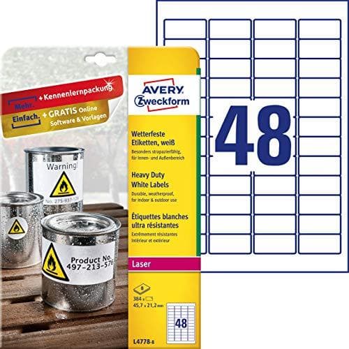 Avery Zweckform L4778-8 - Polyesteri - pysyvä liima - valkoinen - 45,7 x 21,2 mm 384 etiketti(ä) (8 arkkia x 48) tarrat