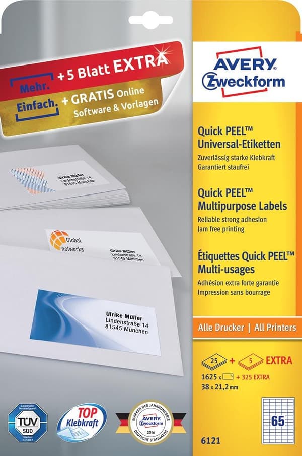 Avery vita universaletiketter QuickPeel fot 38 x 212 mm, 2275 stycken (1950 + 325 extra)