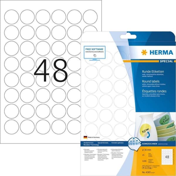HERMA 4387 Etiketit valkoinen Irtotavara/leveys. Ø 30 A4 1200 kpl.