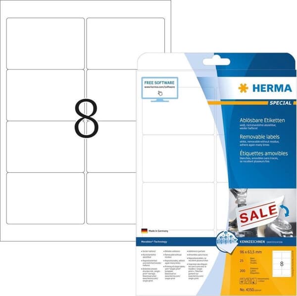 HERMA Etiketit valkoinen Irtotavara/leveys. 96x63,5 A4 200 kpl.