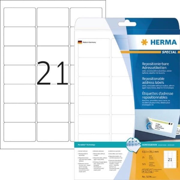 Herma Labels hvid 63,5x38,1 aftagelig SuperPrint 525 stk.