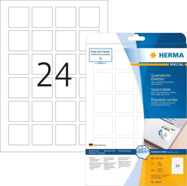 Herma Movables label. hvid 40x40 25 ark DIN A4 600 stk 10108